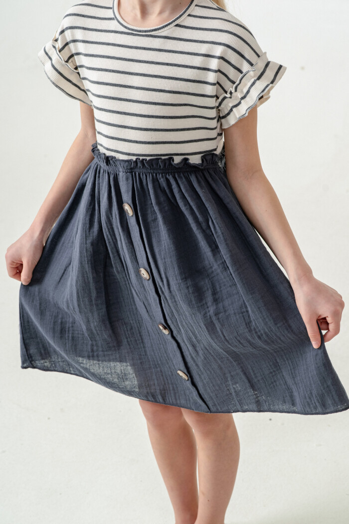 Kız Çocuk Çizgili Düğme Detaylı Elbise 3-7 Yaş Antrasit 3800-1