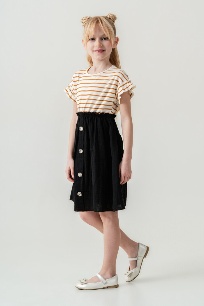 Kız Çocuk Çizgili Düğme Detaylı Elbise 3-7 Yaş Hardal 3800-2