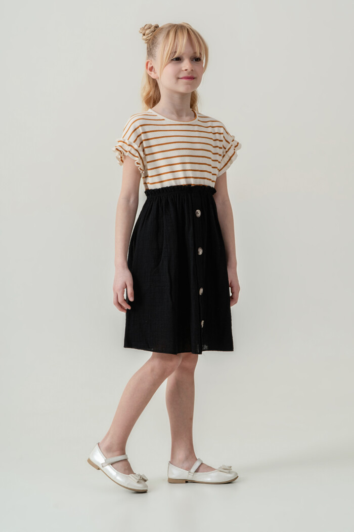 Kız Çocuk Çizgili Düğme Detaylı Elbise 3-7 Yaş Hardal 3800-2