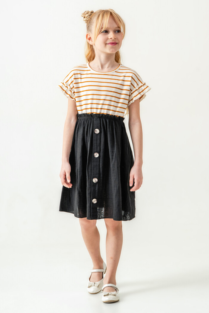 Kız Çocuk Çizgili Düğme Detaylı Elbise 3-7 Yaş Hardal 3800-2