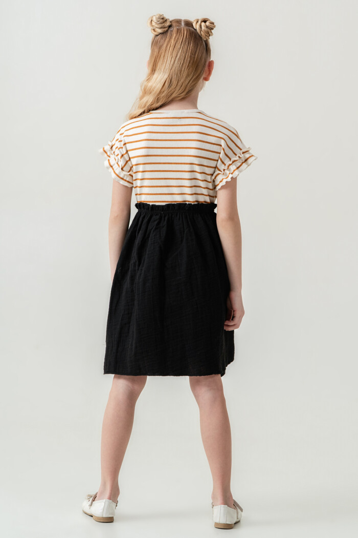 Kız Çocuk Çizgili Düğme Detaylı Elbise 3-7 Yaş Hardal 3800-2