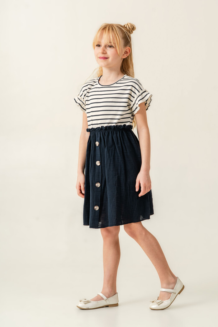 Kız Çocuk Çizgili Düğme Detaylı Elbise 3-7 Yaş Lacivert 3800-4