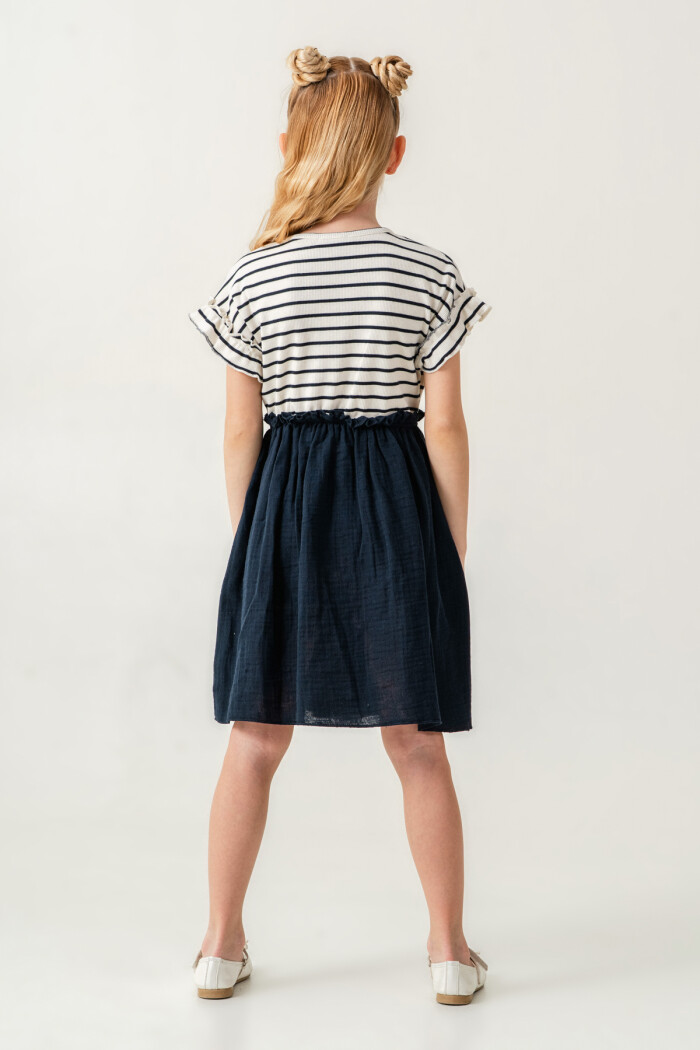 Kız Çocuk Çizgili Düğme Detaylı Elbise 3-7 Yaş Lacivert 3800-4