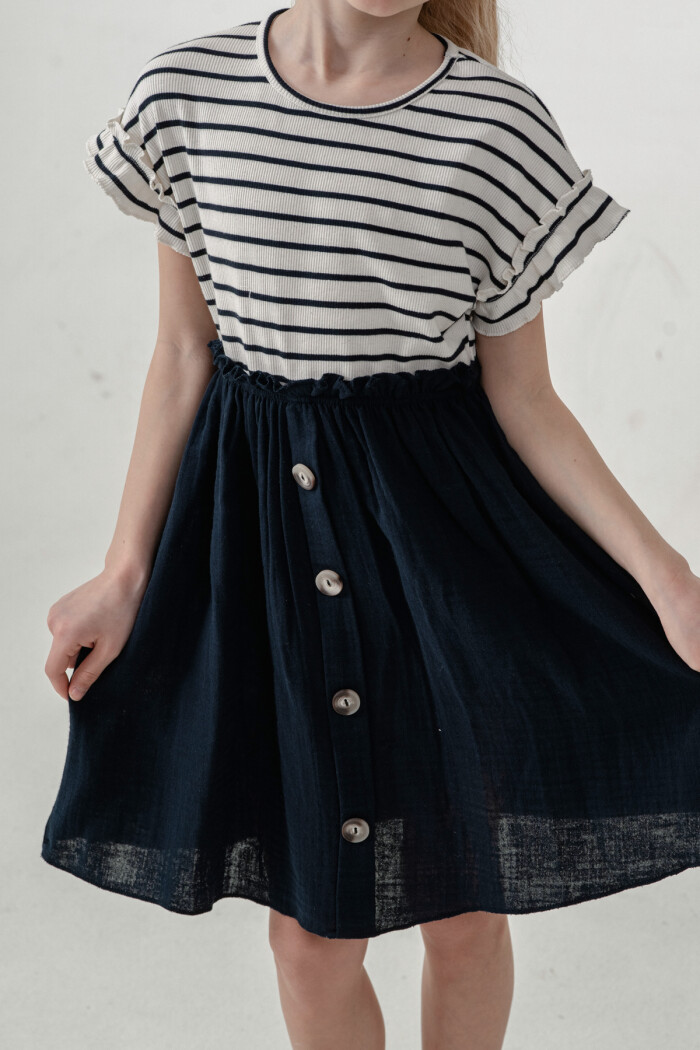 Kız Çocuk Çizgili Düğme Detaylı Elbise 3-7 Yaş Lacivert 3800-4
