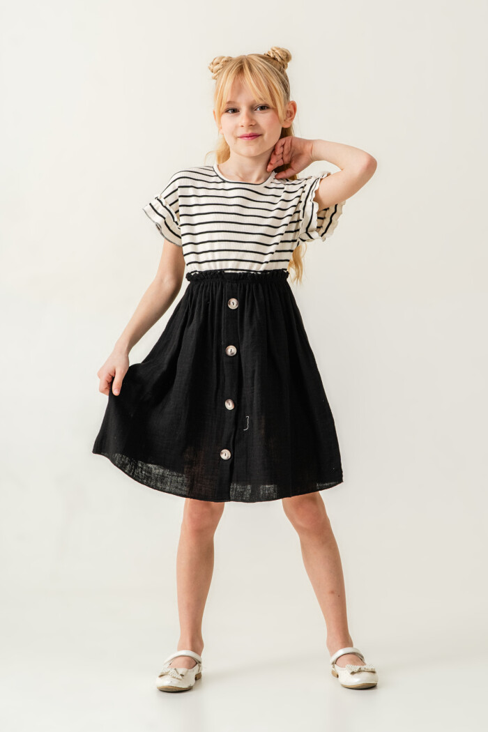 Kız Çocuk Çizgili Düğme Detaylı Elbise 3-7 Yaş Siyah 3800-5