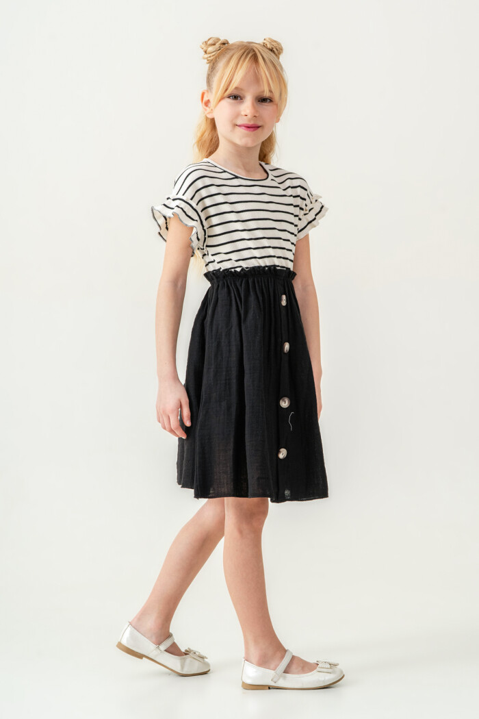 Kız Çocuk Çizgili Düğme Detaylı Elbise 3-7 Yaş Siyah 3800-5