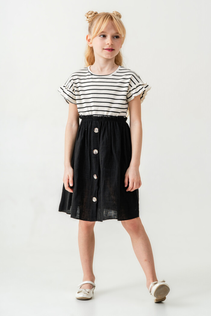 Kız Çocuk Çizgili Düğme Detaylı Elbise 3-7 Yaş Siyah 3800-5