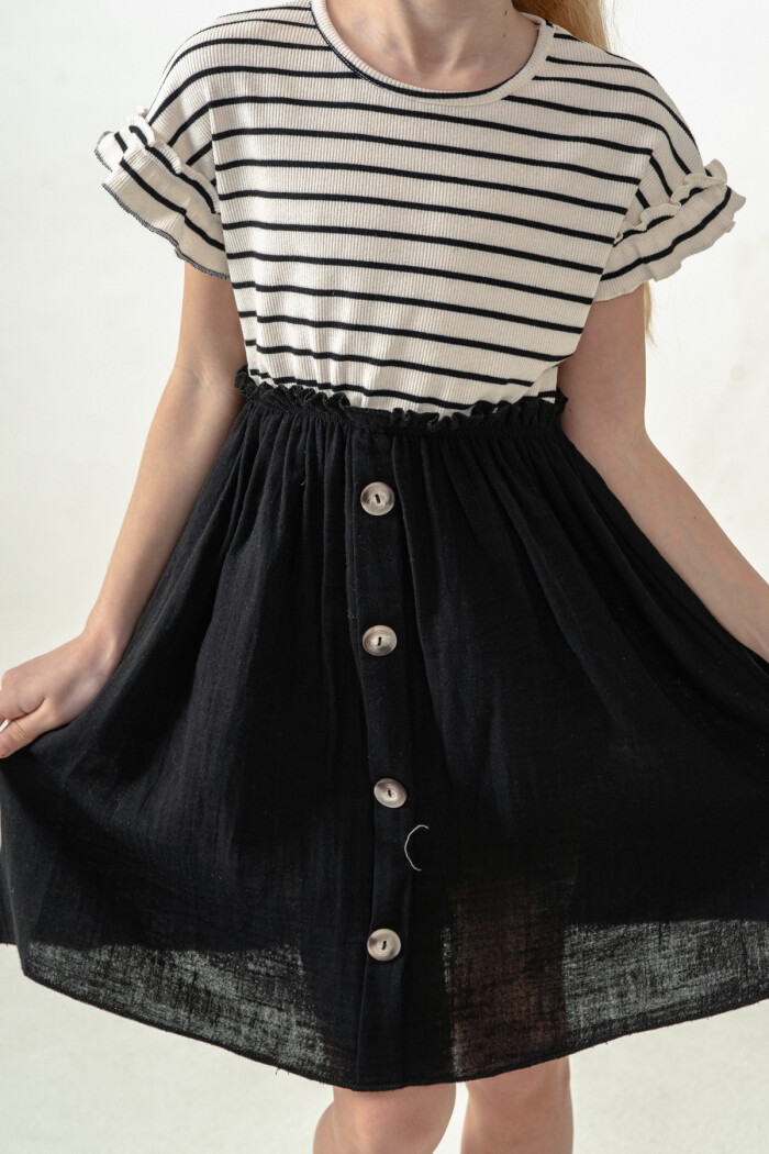 Kız Çocuk Çizgili Düğme Detaylı Elbise 3-7 Yaş Siyah 3800-5