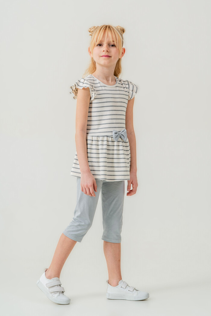 Kız Çocuk Çizgili Fiyonk Detaylı Taytlı Takım 2-7 Yaş Açık Gri 005-2