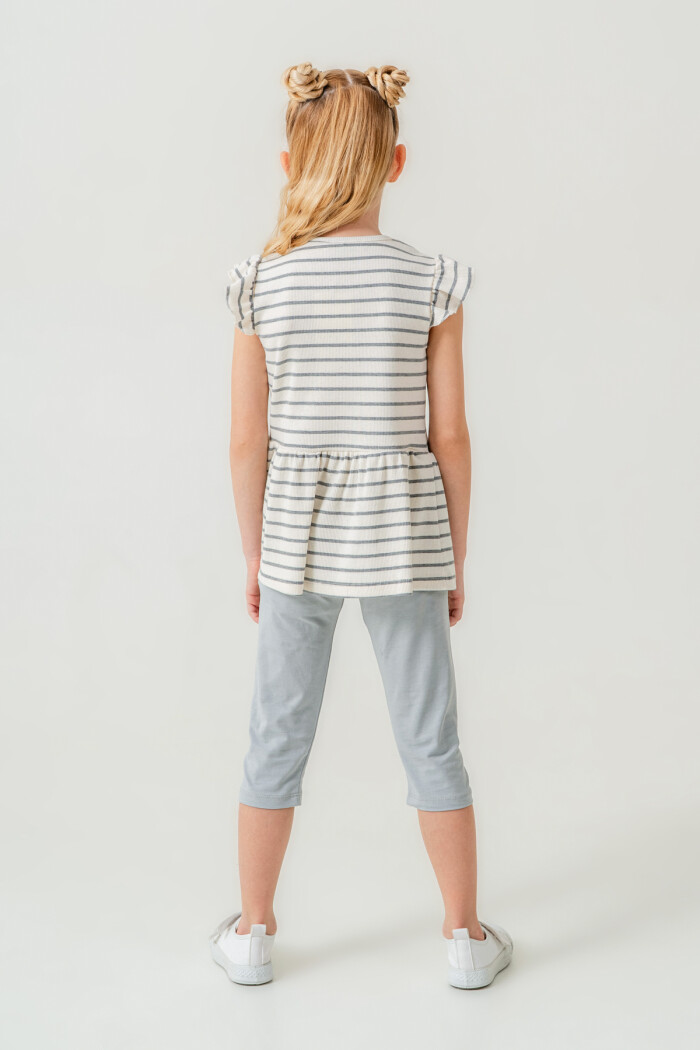 Kız Çocuk Çizgili Fiyonk Detaylı Taytlı Takım 2-7 Yaş Açık Gri 005-2