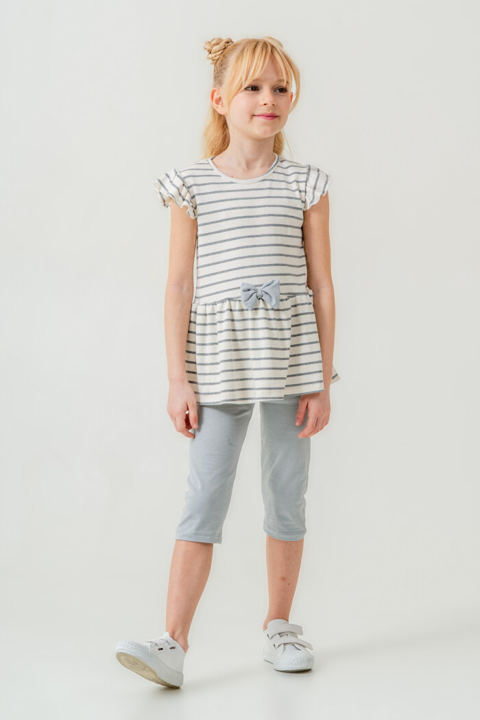 Kız Çocuk Çizgili Fiyonk Detaylı Taytlı Takım 2-7 Yaş Açık Gri 005-2