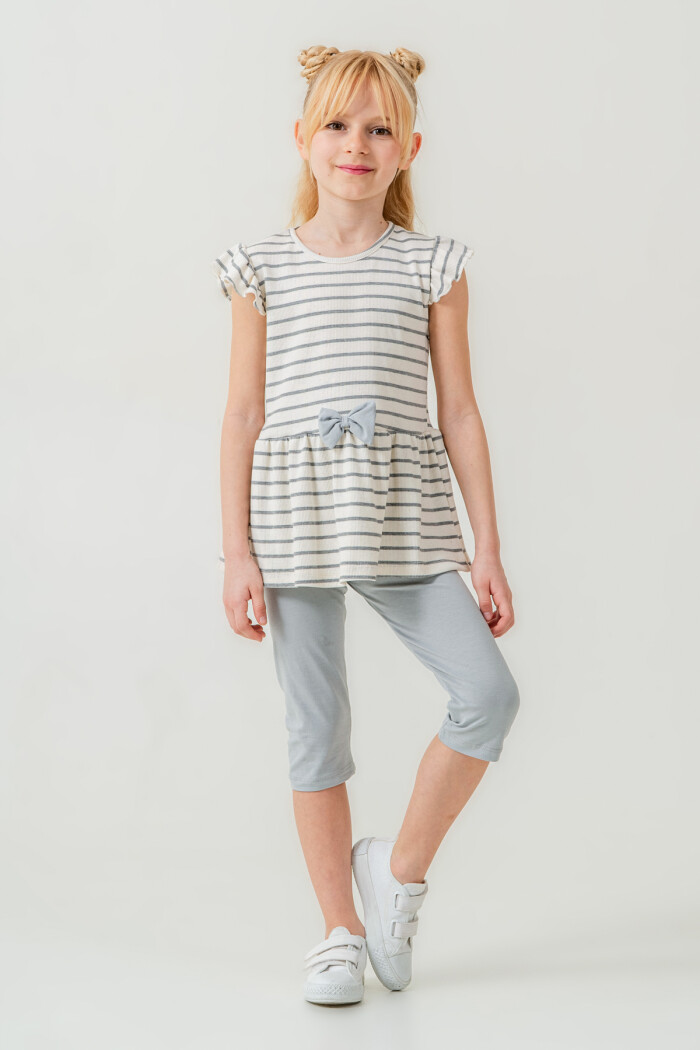 Kız Çocuk Çizgili Fiyonk Detaylı Taytlı Takım 2-7 Yaş Açık Gri 005-2