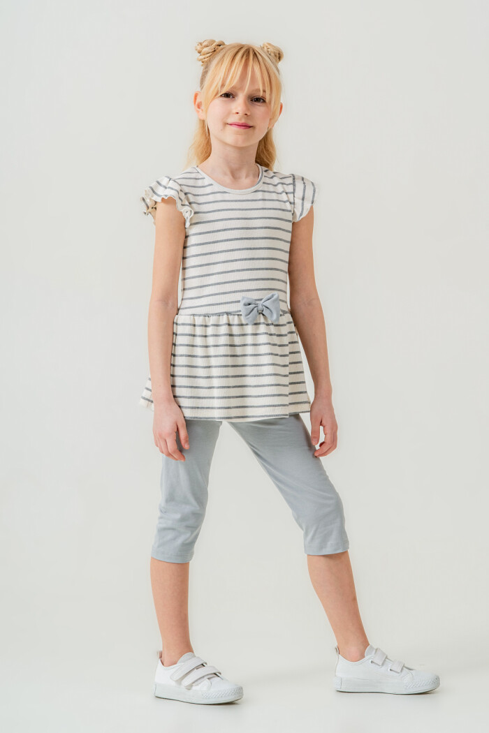 Kız Çocuk Çizgili Fiyonk Detaylı Taytlı Takım 2-7 Yaş Açık Gri 005-2