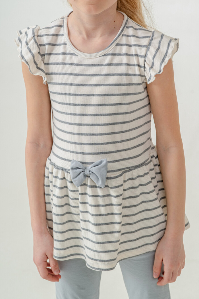 Kız Çocuk Çizgili Fiyonk Detaylı Taytlı Takım 2-7 Yaş Açık Gri 005-2