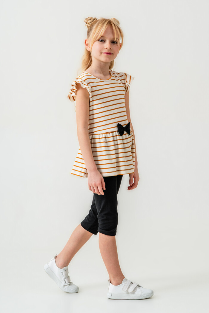 Kız Çocuk Çizgili Fiyonk Detaylı Taytlı Takım 2-7 Yaş Hardal 005-3