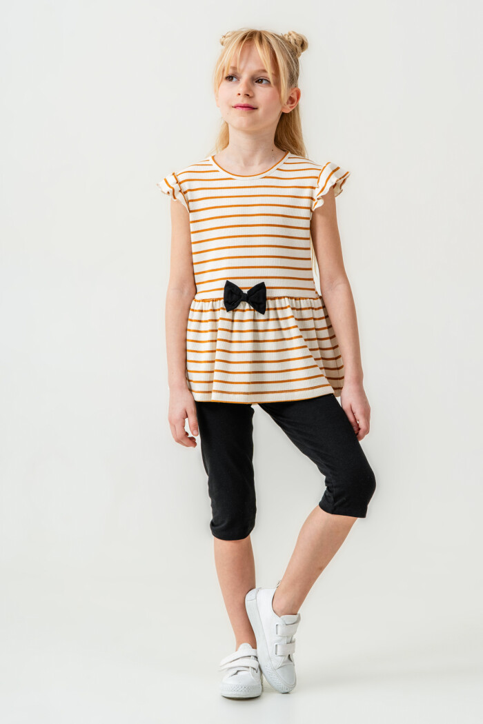 Kız Çocuk Çizgili Fiyonk Detaylı Taytlı Takım 2-7 Yaş Hardal 005-3