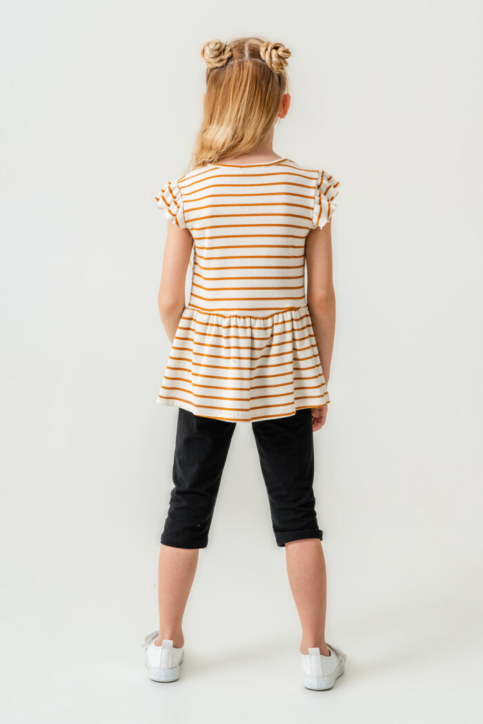 Kız Çocuk Çizgili Fiyonk Detaylı Taytlı Takım 2-7 Yaş Hardal 005-3