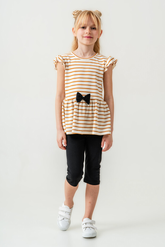 Kız Çocuk Çizgili Fiyonk Detaylı Taytlı Takım 2-7 Yaş Hardal 005-3