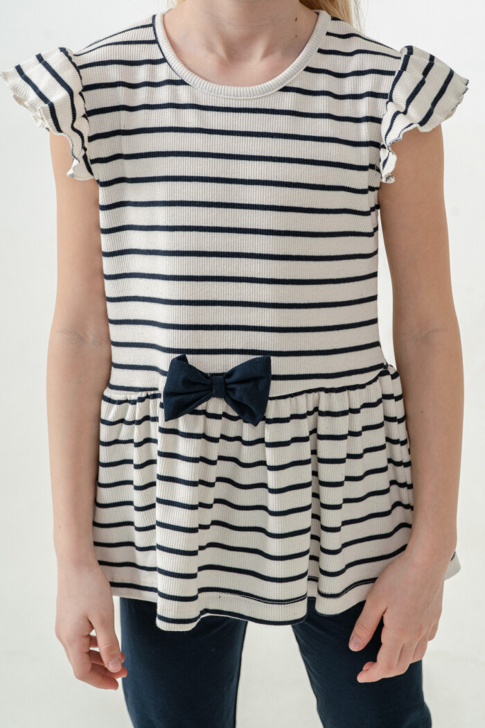 Kız Çocuk Çizgili Fiyonk Detaylı Taytlı Takım 2-7 Yaş Lacivert 005-1