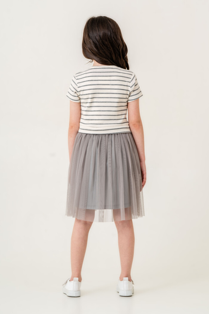 Kız Çocuk Çizgili Kurdele Detaylı Tüllü Elbise 2-7 Yaş Gri 006-2