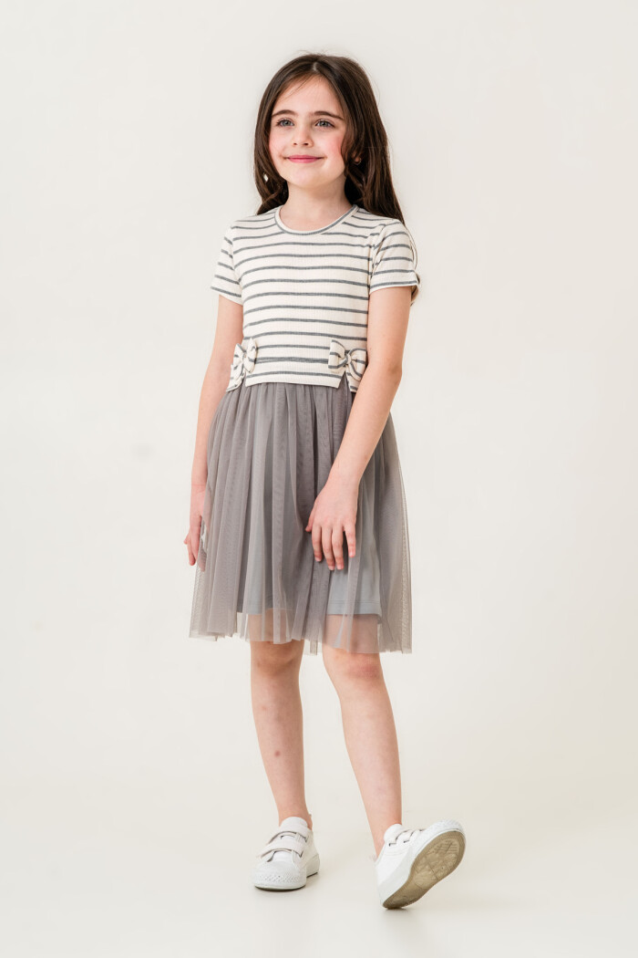 Kız Çocuk Çizgili Kurdele Detaylı Tüllü Elbise 2-7 Yaş Gri 006-2