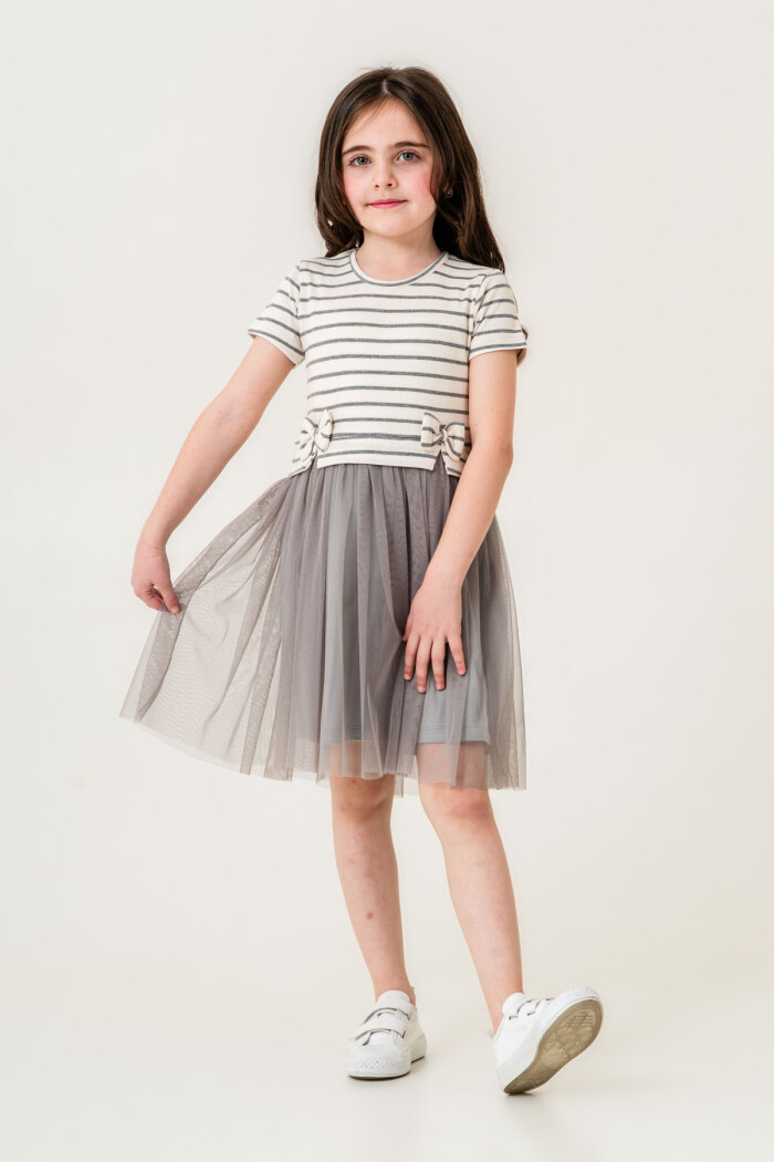 Kız Çocuk Çizgili Kurdele Detaylı Tüllü Elbise 2-7 Yaş Gri 006-2