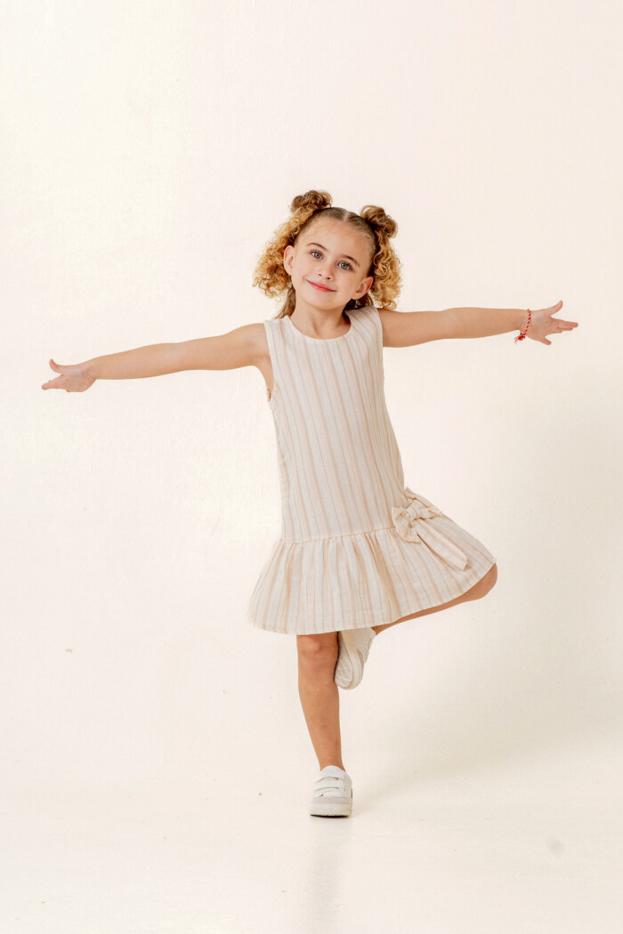 Kız Çocuk Çizgili Müslin Elbise 3-7 Yaş Bej 3803-3