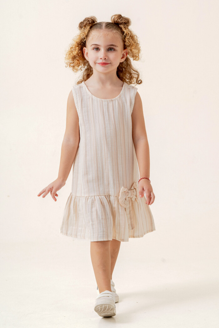 Kız Çocuk Çizgili Müslin Elbise 3-7 Yaş Bej 3803-3