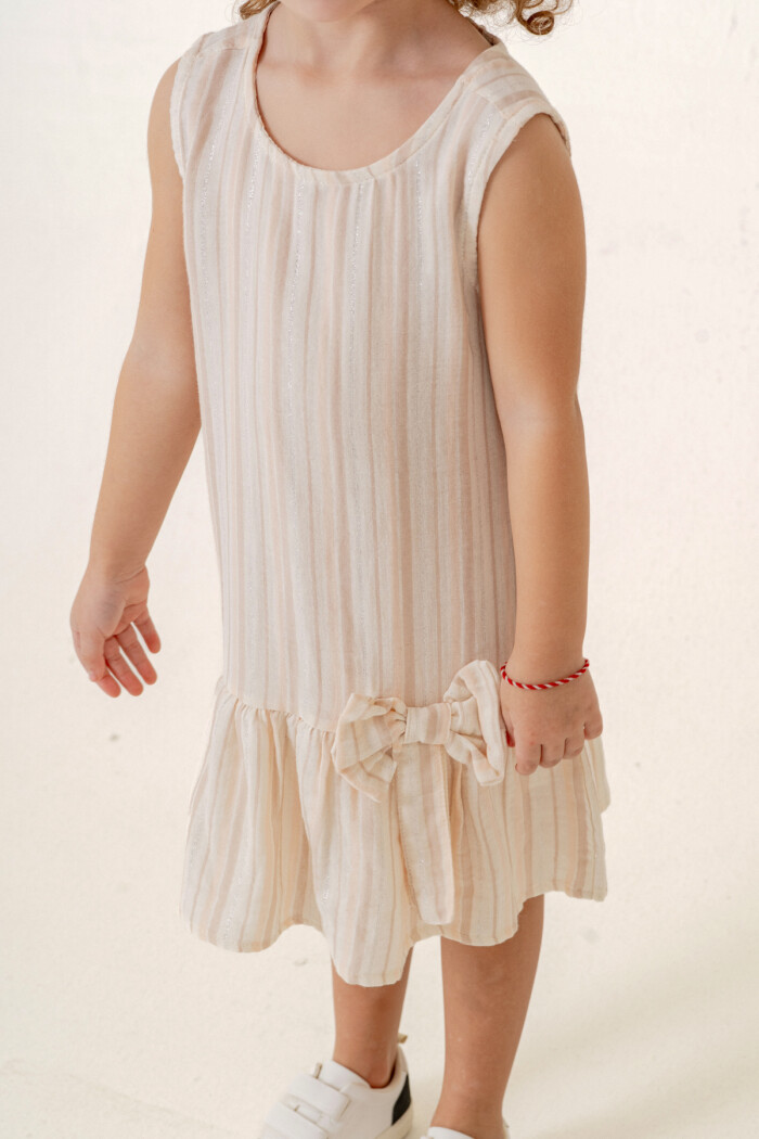 Kız Çocuk Çizgili Müslin Elbise 3-7 Yaş Bej 3803-3