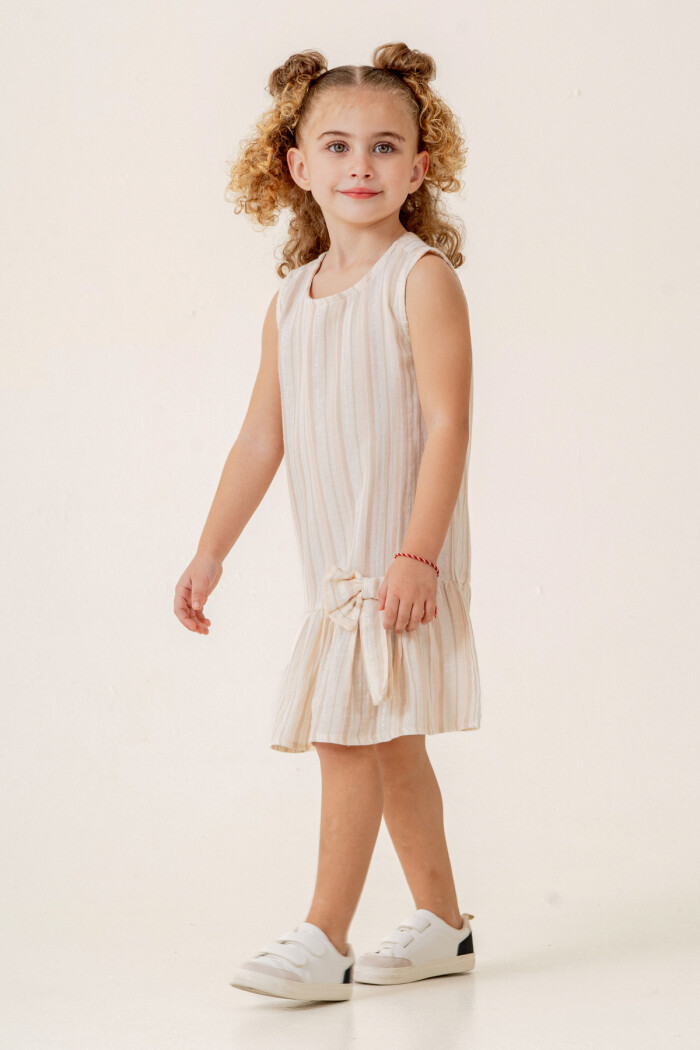 Kız Çocuk Çizgili Müslin Elbise 3-7 Yaş Bej 3803-3