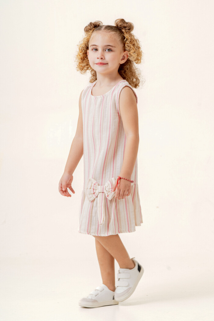 Kız Çocuk Çizgili Müslin Elbise 3-7 Yaş Gül Kurusu 3803-1