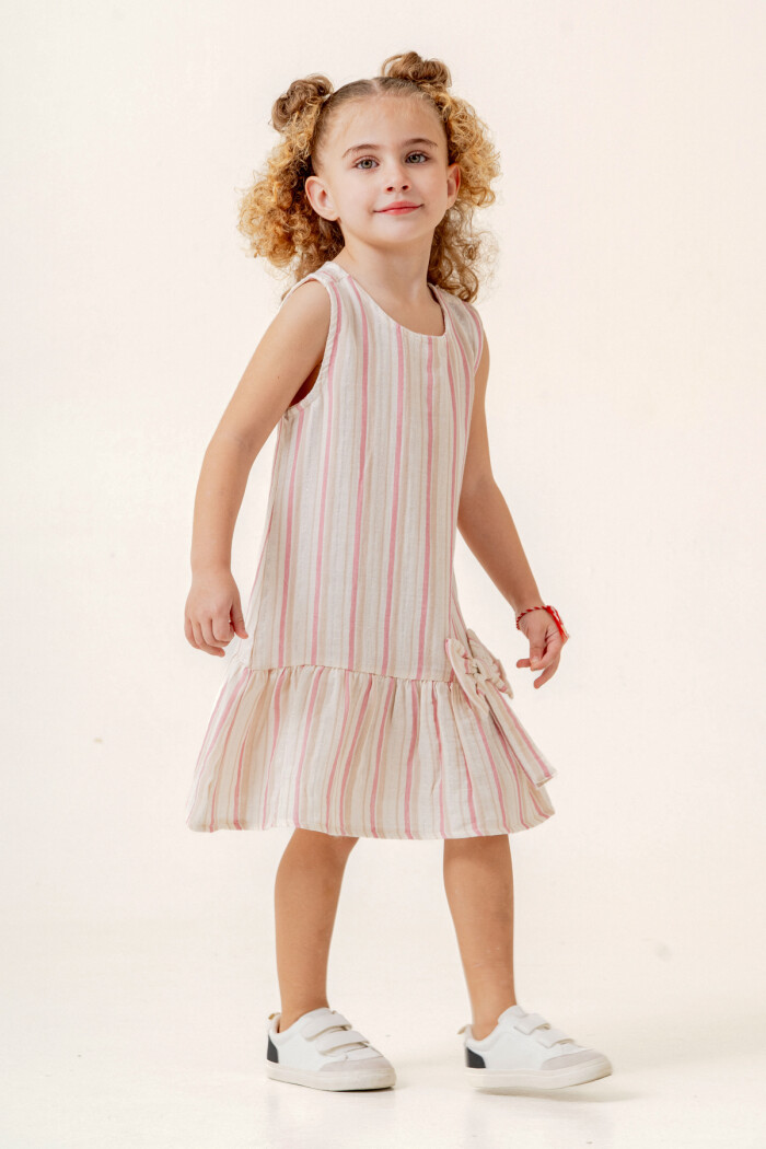 Kız Çocuk Çizgili Müslin Elbise 3-7 Yaş Gül Kurusu 3803-1