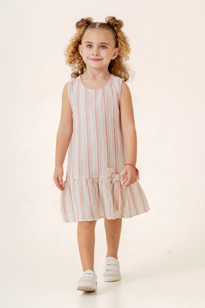 Kız Çocuk Çizgili Müslin Elbise 3-7 Yaş Gül Kurusu 3803-1