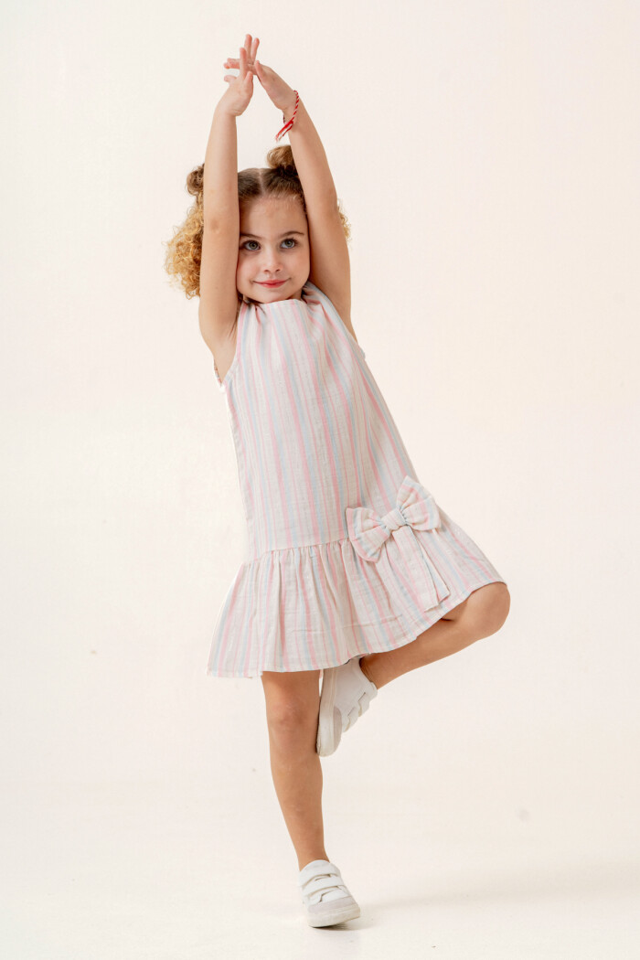 Kız Çocuk Çizgili Müslin Elbise 3-7 Yaş Pembe 3803-2