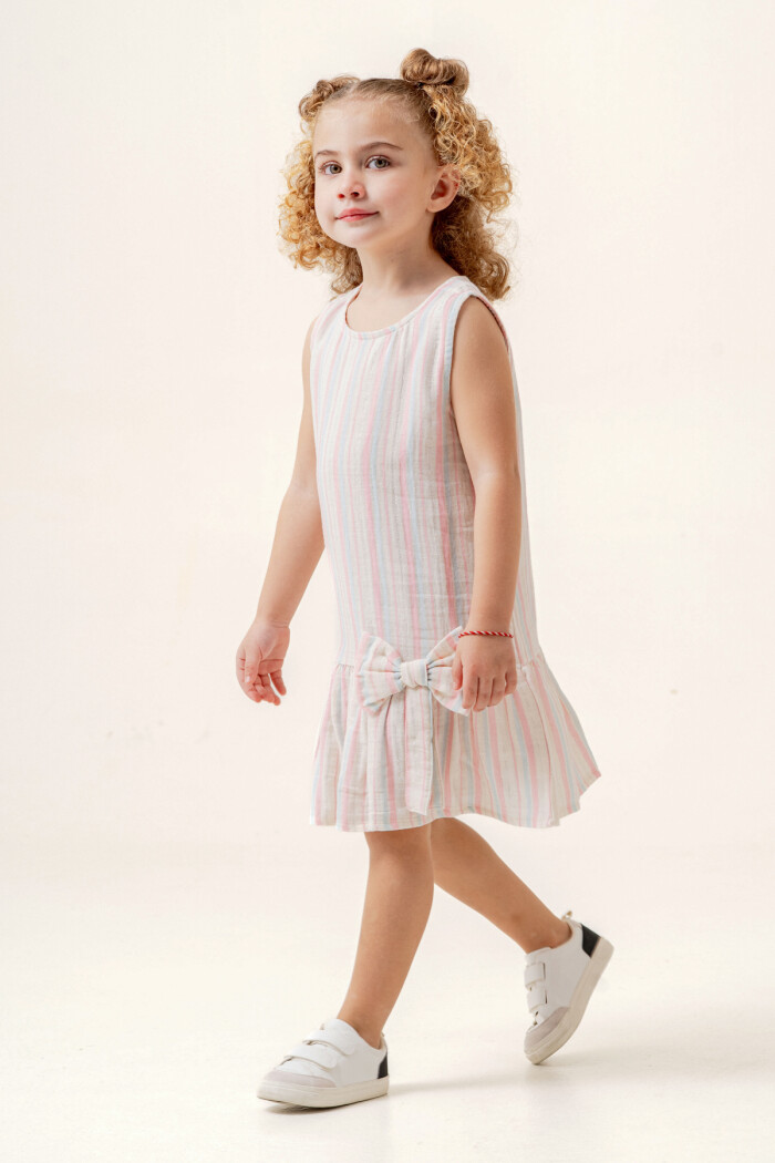 Kız Çocuk Çizgili Müslin Elbise 3-7 Yaş Pembe 3803-2