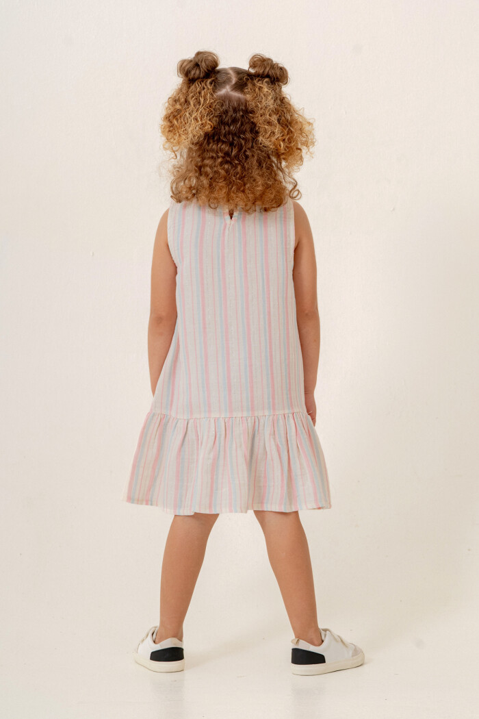 Kız Çocuk Çizgili Müslin Elbise 3-7 Yaş Pembe 3803-2