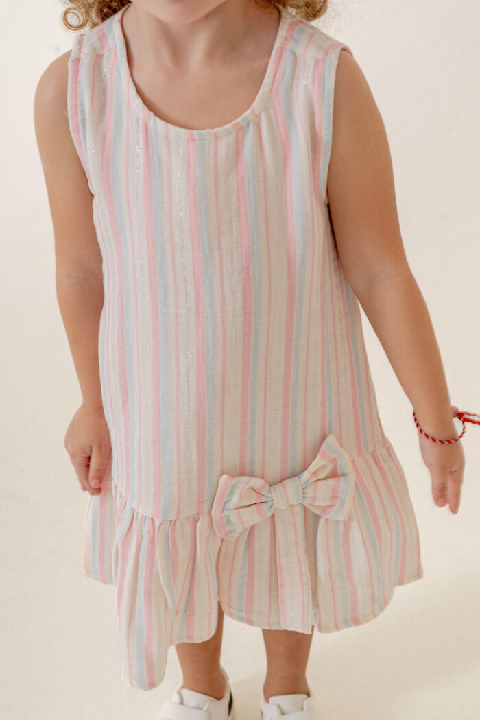 Kız Çocuk Çizgili Müslin Elbise 3-7 Yaş Pembe 3803-2