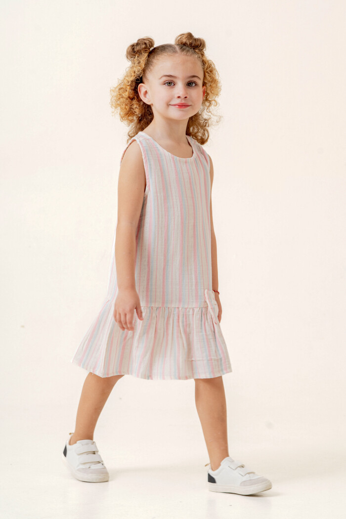 Kız Çocuk Çizgili Müslin Elbise 3-7 Yaş Pembe 3803-2