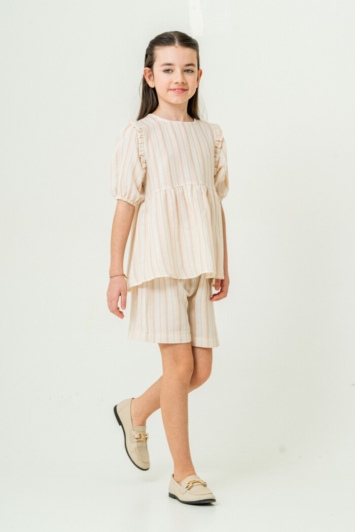 Kız Çocuk Çizgili Müslin Şortlu Takım 5-9 Yaş Bej 3806-2