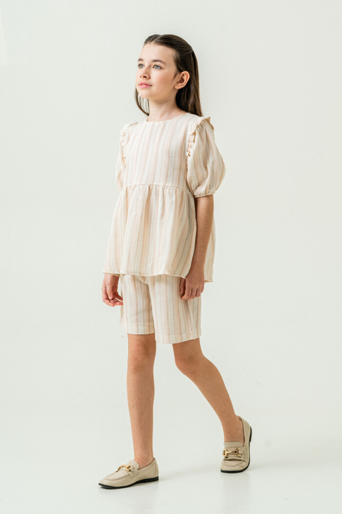 Kız Çocuk Çizgili Müslin Şortlu Takım 5-9 Yaş Bej 3806-2