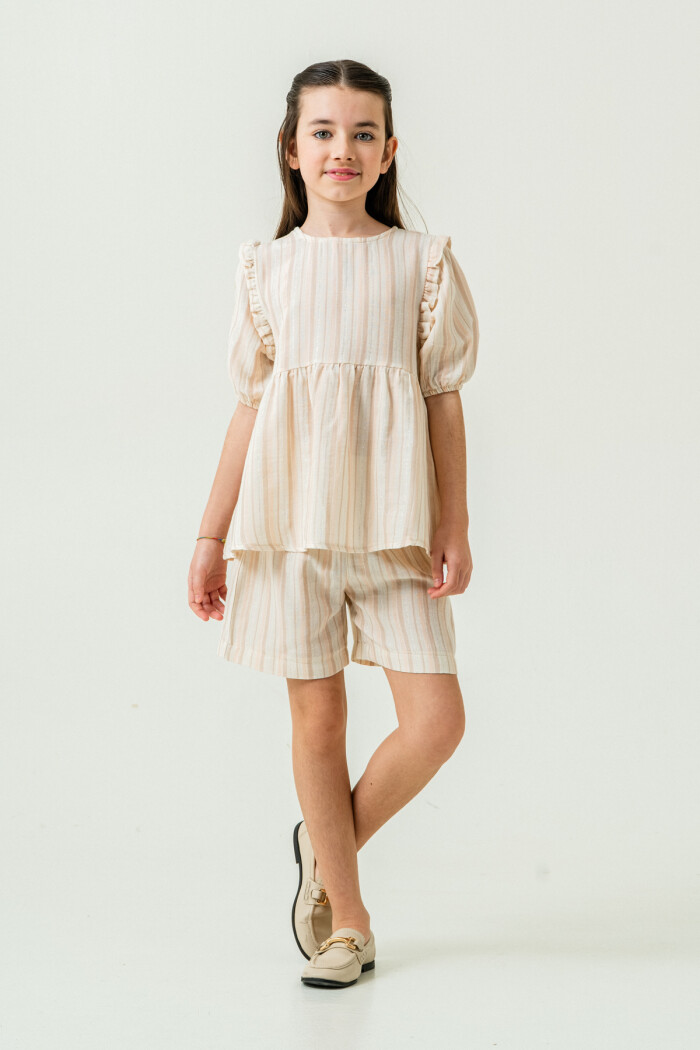 Kız Çocuk Çizgili Müslin Şortlu Takım 5-9 Yaş Bej 3806-2
