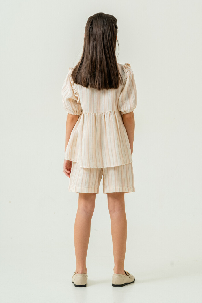 Kız Çocuk Çizgili Müslin Şortlu Takım 5-9 Yaş Bej 3806-2