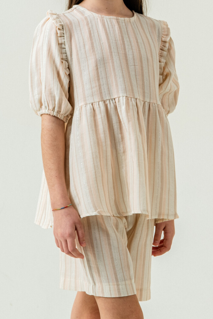 Kız Çocuk Çizgili Müslin Şortlu Takım 5-9 Yaş Bej 3806-2