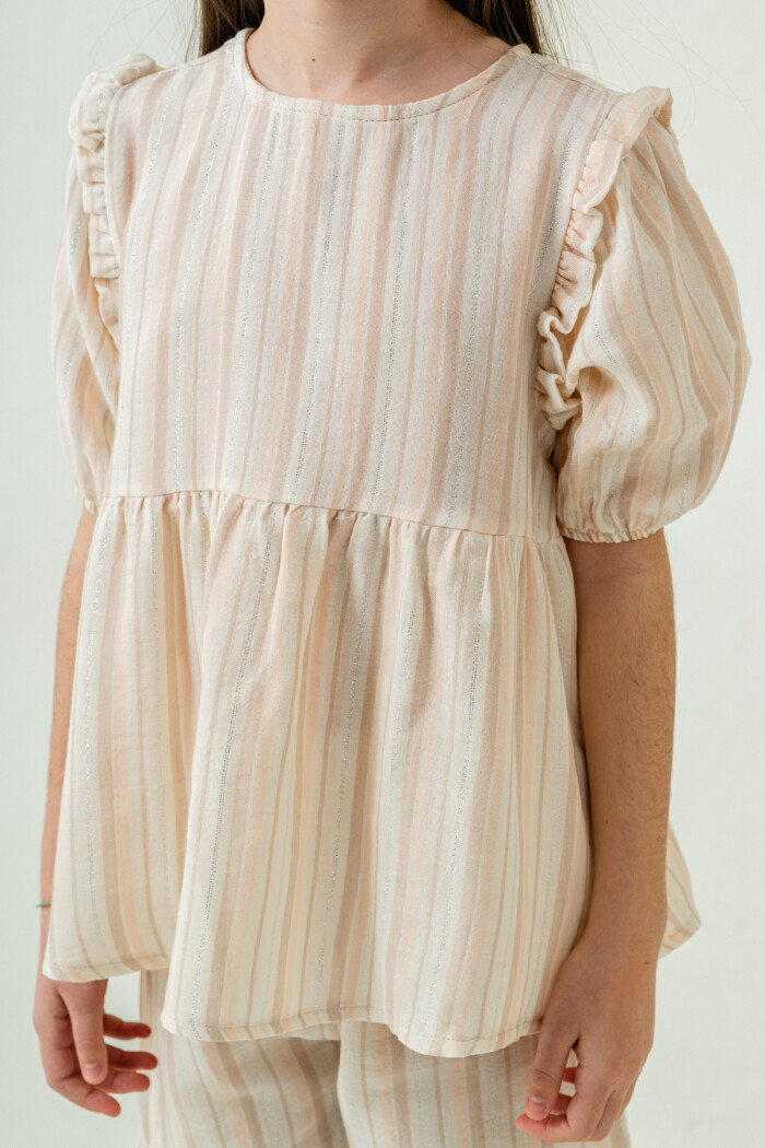 Kız Çocuk Çizgili Müslin Şortlu Takım 5-9 Yaş Bej 3806-2