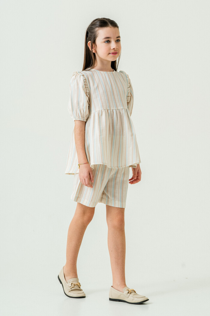 Kız Çocuk Çizgili Müslin Şortlu Takım 5-9 Yaş Mavi 3806-1