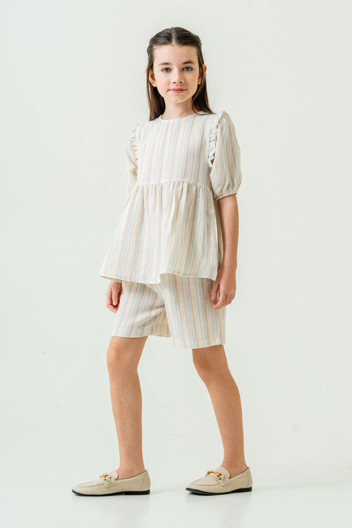 Kız Çocuk Çizgili Müslin Şortlu Takım 5-9 Yaş Mavi 3806-1