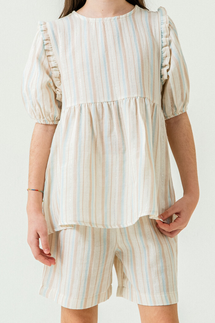 Kız Çocuk Çizgili Müslin Şortlu Takım 5-9 Yaş Mavi 3806-1