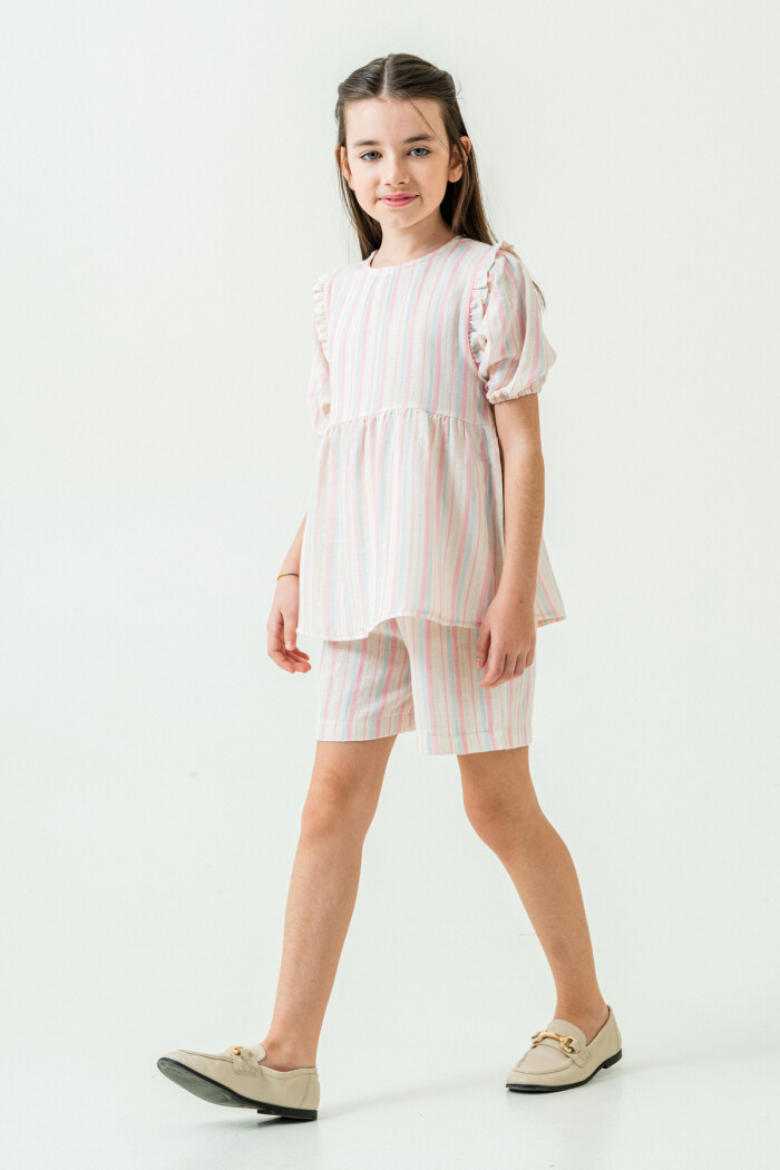 Kız Çocuk Çizgili Müslin Şortlu Takım 5-9 Yaş Pembe 3806-3