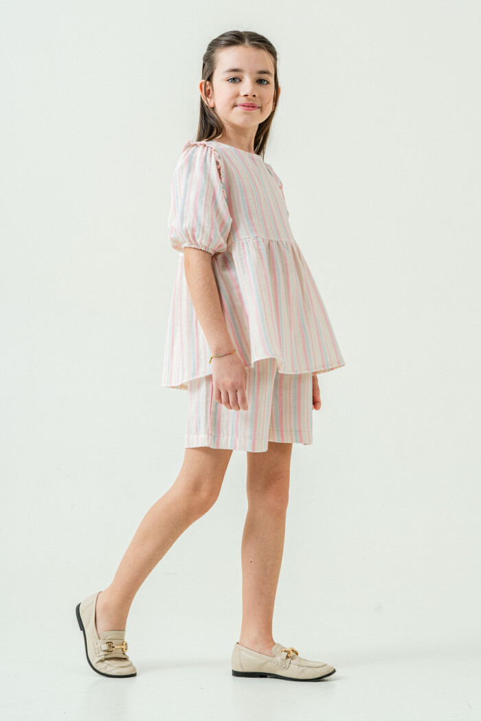 Kız Çocuk Çizgili Müslin Şortlu Takım 5-9 Yaş Pembe 3806-3