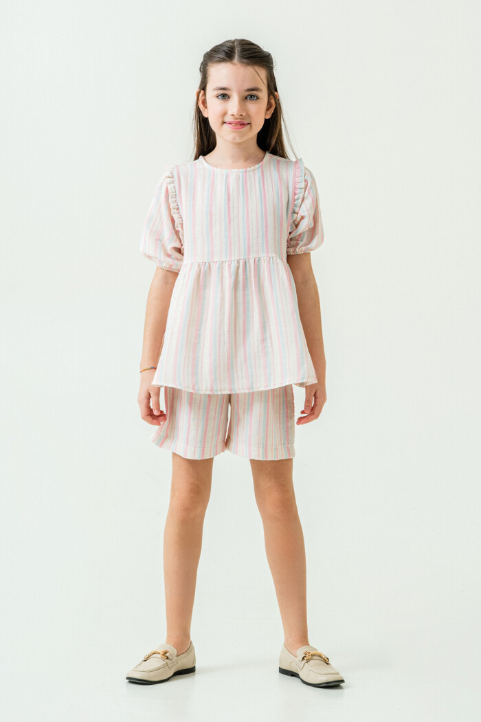 Kız Çocuk Çizgili Müslin Şortlu Takım 5-9 Yaş Pembe 3806-3